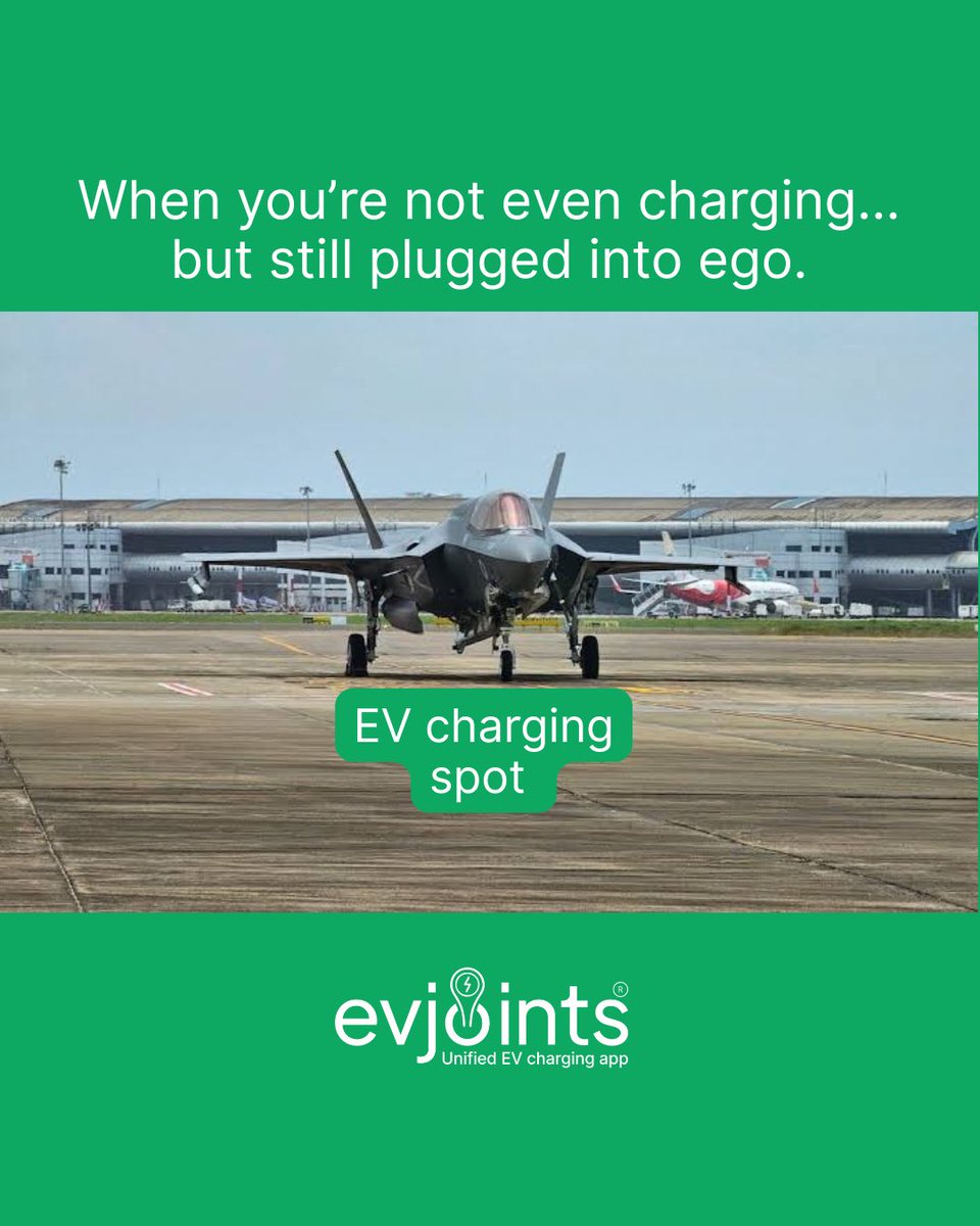 EVJoints's tweet photo. Stop hogging chargers. Start planning your trip.
#F35 #F35India #FighterJetMeme #EVJoints #EVFails
#EVetiquette #EVIndia #ChargingSpotBlocked #ChargeAndGo
#ElectricVehicles #PlanYourTrip #RangeAnxiety #SustainableMobility
#ViralMeme #CurrentMood #PlugResponsibly #EVCharging https://t.co/IgbN3UMayR
