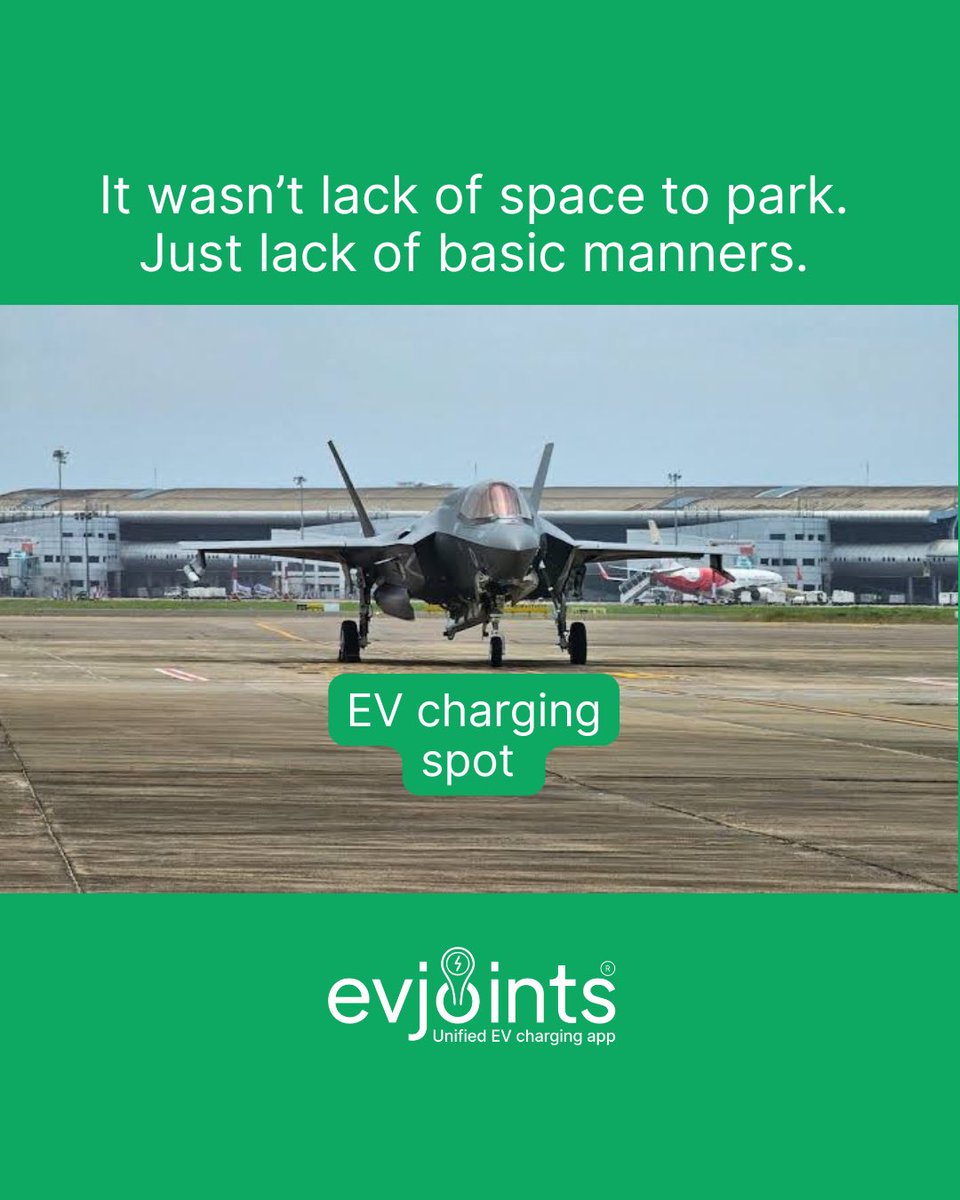 EVJoints's tweet photo. Stop hogging chargers. Start planning your trip.
#F35 #F35India #FighterJetMeme #EVJoints #EVFails
#EVetiquette #EVIndia #ChargingSpotBlocked #ChargeAndGo
#ElectricVehicles #PlanYourTrip #RangeAnxiety #SustainableMobility
#ViralMeme #CurrentMood #PlugResponsibly #EVCharging https://t.co/IgbN3UMayR