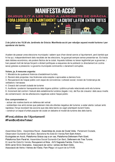 AssBarrisDT's tweet photo. El 2/7/2015, la mobilització #ForaLobbies de l'Ajuntament! va aplegar col·lectius/entitats de diferents barris que venien treballant contra #turistització i col·laborant en diversos fronts.
L'organització de l'acció va generar un espai de coordinació i suport mutu imprescindible https://t.co/AZcTpxVslG
