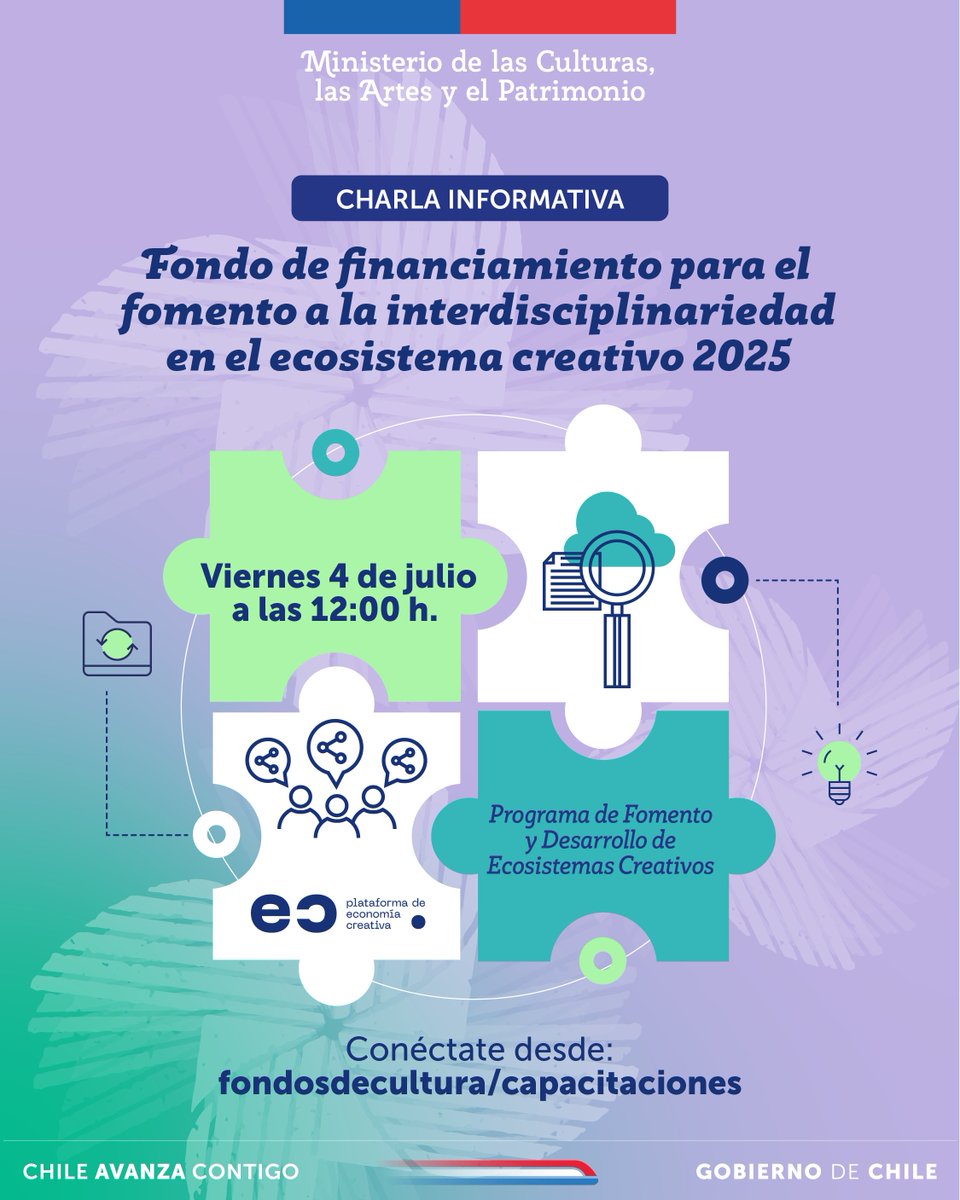 🎨 ¿Tienes un proyecto que une cultura con innovación, sostenibilidad, turismo creativo o inteligencia artificial? 🤖🌱🎭 Esta convocatoria es para ti.

💻 Charla online: 4 de julio, a las 12 hrs.

📌 Mayor información  en 👉 fondosdecultura.cl