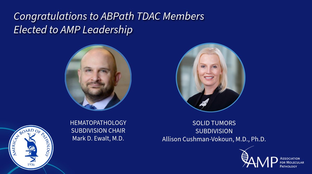 TheABPath's tweet image. 🎉 Congratulations to Drs. Mark D. Ewalt and Allison Cushman‐Vokoun, members of ABPath’s Molecular Genetic Pathology Test Development and Advisory Committee, on their recent election to leadership roles with the Association for Molecular Pathology! @AMPath