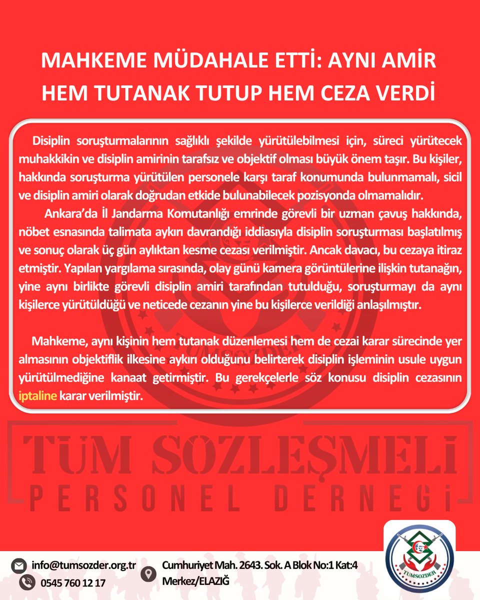Mahkeme Müdahale Etti: Aynı Amir Hem Tutanak Tutup Hem Ceza Verdi

  Disiplin soruşturmalarının sağlıklı şekilde yürütülebilmesi için, süreci yürütecek muhakkikin ve disiplin amirinin tarafsız ve objektif olması büyük önem taşır. Bu kişiler, hakkında soruşturma yürütülen
