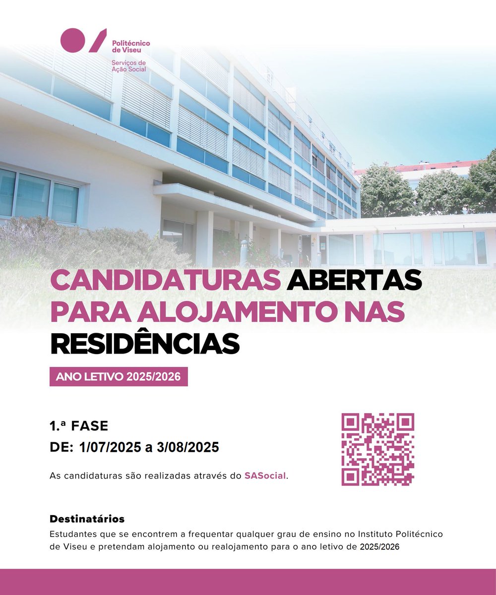 𝐂𝐚𝐧𝐝𝐢𝐝𝐚𝐭𝐮𝐫𝐚𝐬 𝐩𝐚𝐫𝐚 𝐚𝐥𝐨𝐣𝐚𝐦𝐞𝐧𝐭𝐨 𝐧𝐚𝐬 𝐫𝐞𝐬𝐢𝐝ê𝐧𝐜𝐢𝐚𝐬
As candidaturas devem ser submetidas na plataforma SASOCIAL disponível em: sasocial.ipv.pt