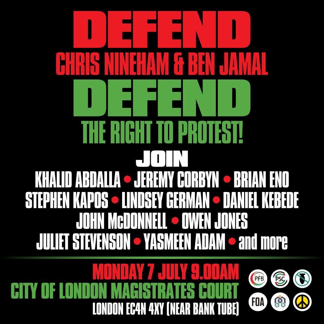 Appalled to hear that Sophie Bolt General Secretary of CND and Alex Kenny Chair of Stop the War have now both been charged with breaches in the Public Order Act on the 18 January protest.

Come down to this on Monday to defend us all and defend the right to protest.