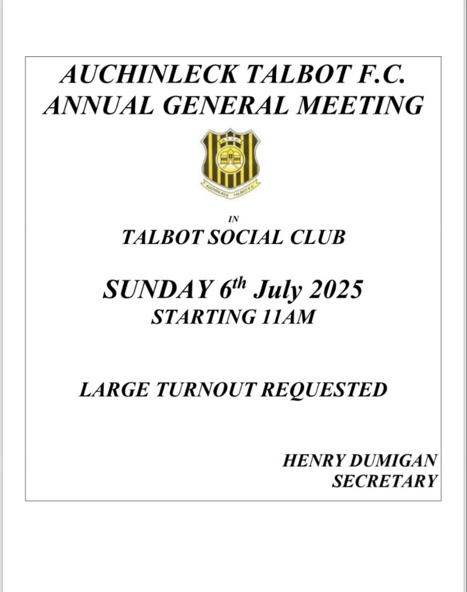 📰Auchinleck Talbot FC AGM

The clubs Annual General Meeting is this Sunday the 6th of July at the Talbot Social Club beginning at 11AM

The club request a large turnout 

#eppp