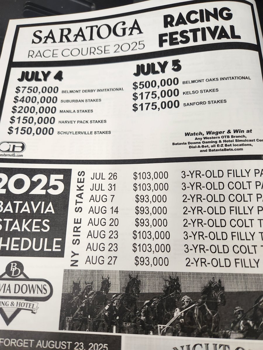 What a way to start the July 4th holiday! Saratoga kicks off its summer racing season early this year with the "July 4th Racing Festival" that begins tomorrow! 

Come get your programs TODAY at area OTB's &amp; at the Batavia Downs ITW on the 2nd floor. Programs are just $1!