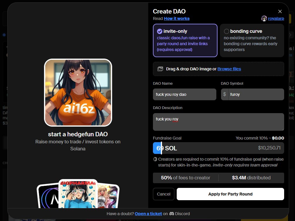 royalarp's tweet image. anyone can now apply to start a dao on @daosdotfun
but not everyone will get approved...
here's how you can make sure your dao gets approved for a raise 👇
1) have a good reputation and a strong twitter presence. if you're going to grow a community, people need to know you…