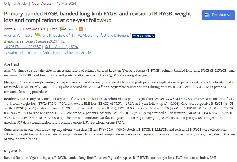 🔍 New study compares primary B-RYGB, banded long-limb RYGB, and revisional B-RYGB at 1-year follow-up.

📖 Read more: oaepublish.com/articles/mtod.…
#BariatricSurgery #Obesity #RYGB #MetabolicSurgery
