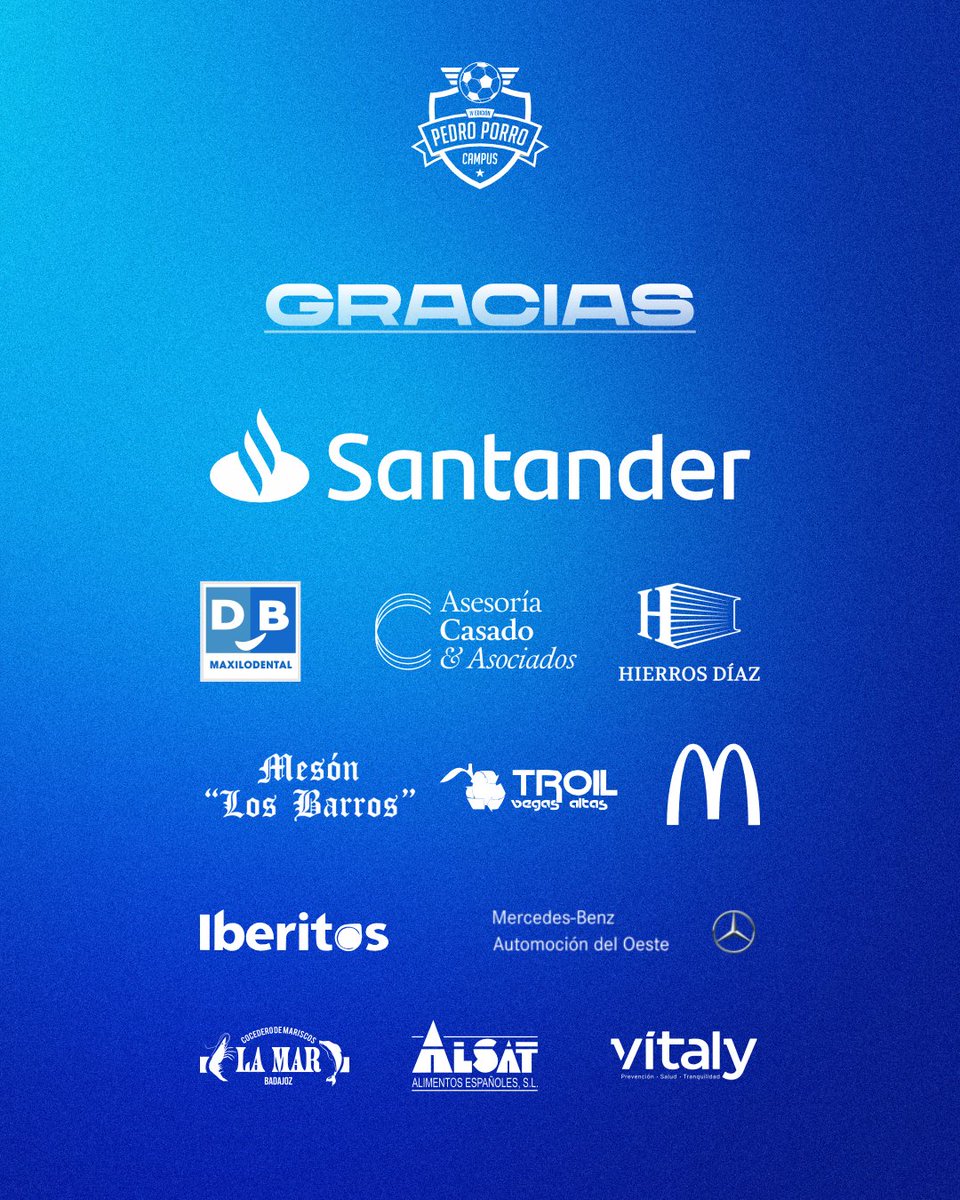 𝐆𝐑𝐀𝐂𝐈𝐀𝐒, 𝐏𝐀𝐓𝐑𝐎𝐂𝐈𝐍𝐀𝐃𝐎𝐑𝐄𝐒 💙

El #CampusPedroPorro no sería posible sin el apoyo de todas las empresas que han creído, una vez más, en este proyecto.

🙌 Gracias por estar, por sumar y por ayudar a que los más jóvenes vivan una experiencia inolvidable.