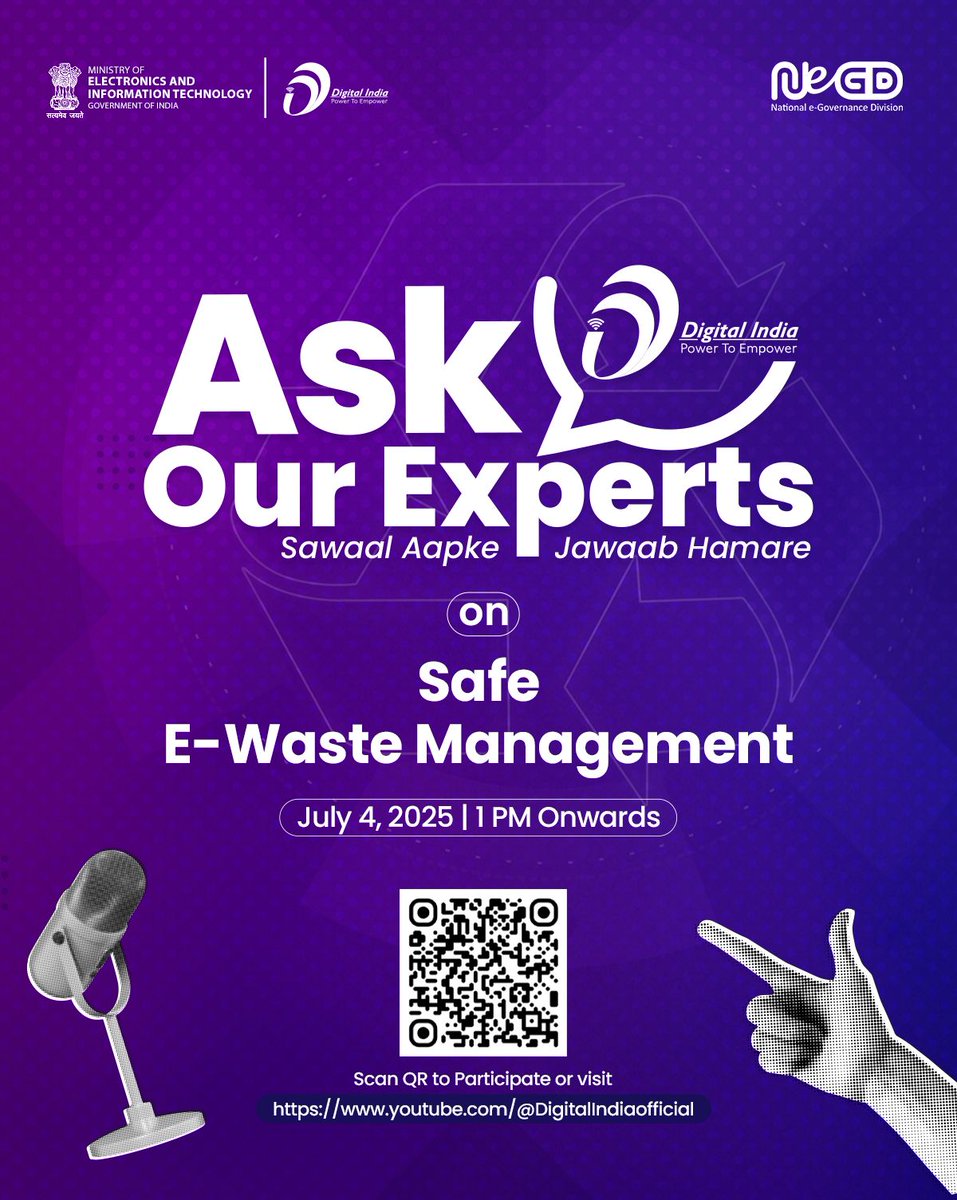 In the 24th episode of Ask Our Experts on safe e-Waste management, citizens can learn about special e-Waste disposal techniques to safeguard environment, e-Waste processing in the informal sector, citizens’ responsibility and more. Watch LIVE on July 4, 2025 at 1 PM on LINK -