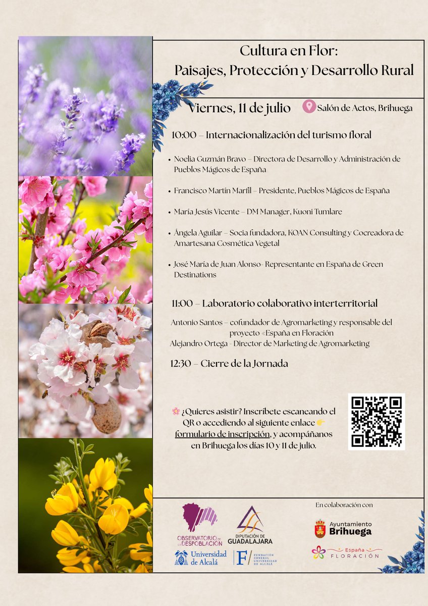 👉¿Te interesa el desarrollo rural, la planificación territorial y el turismo sostenible? Participa:
🪻Jornada 'Cultura en Flor: Paisajes, Protección y Desarrollo Rural'.
📅10 y 11 de julio
📌 Salón de Actos, #Brihuega (Guadalajara)
✍️ Inscríbete aquí:
forms.office.com/e/56VPQ02m5j?o…