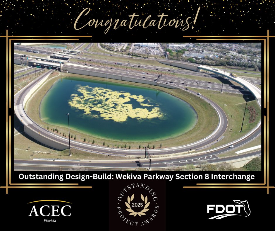 ACECFL's tweet image. Congratulations to 2025 Outstanding Major Design-Build recipients, DRMP (Design Consultant) and Metric Engineering (CEI Consultant), for their Wekiva Parkway Section 8 Interchange Project (@MyFDOT District 5)! For more information: acecfl.org/events-and-awa…