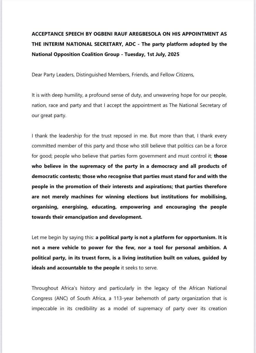 raufaregbesola's tweet photo. My acceptance speech as the Interim National Secretary, of the African Democratic Congress, ADC - the party platform adopted by the National Opposition Coalition Group - Tuesday, 1st July, 2025 https://t.co/6dzV3hoPaM