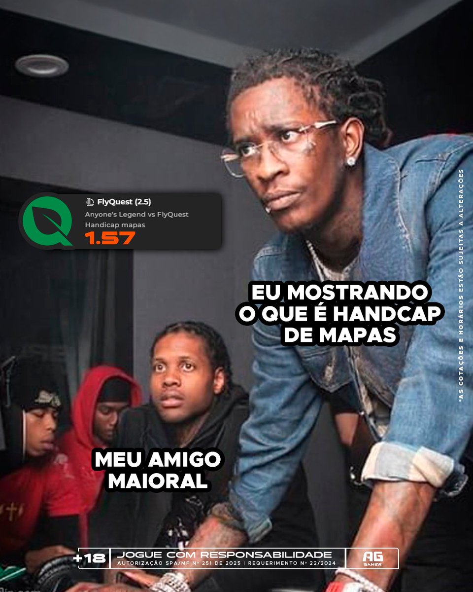 MSI chegou nos playoffs e sempre tem aquele amigo que não entende de apostas que manda aquela pergunta: "O que é handicap?" 🤣
Você sabe o que é handicap? Diz pra gente o que é

Jogue com responsabilidade 🧡
Apenas para maiores de 18 🔞
<a href="/apostaganhabet_/">Apostaganha.bet.br</a>