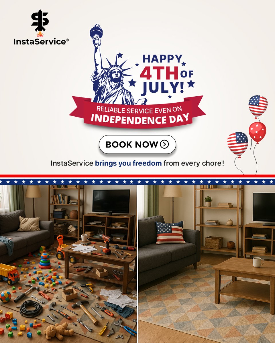InstaServiceInc's tweet image. 🗽 This Independence Day, Set Your Home Free from the Mess!

This 4th of July, set your Home free! 🇺🇸

While we honor the heroes who gave us freedom, let’s give our homes a little freedom too — from dust, dirt, and disarray (or use chaos, clutter, disorder).
Whether it’s…