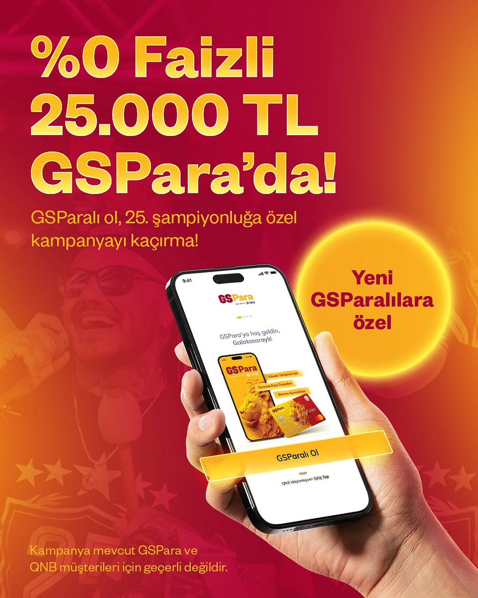 25. Şampiyonluğa özel 25.000 TL GSPara'da! 💛❤️ <a href="/GalatasaraySK/">#5YıldızlıŞampiyon ⭐️⭐️⭐️⭐️⭐️</a> 
 
Hemen GSParalı ol, %0 faizle 25.000 TL’ye varan fırsatı kaçırma!
 
📲 GSParalı ol, sen kazan, Galatasaray kazansın!

ℹ️ Kampanya, GSPara uygulaması üzerinden görüntülü görüşme ile ilk defa müşteri olan yeni