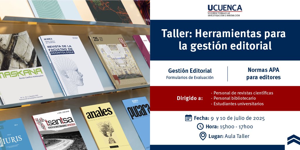 #CapacitaciónUCuenca #RevistasCientíficas |✨¿Te interesa la gestión editorial?, preparamos un taller para ti. 
Inscríbete en:  forms.gle/C6tqNvJ8xtBnp5…
¡Te esperamos!
📅9  y 10 de julio de 2025
⏰15h00 - 17h00
📍Aula Taller (Campus Central)