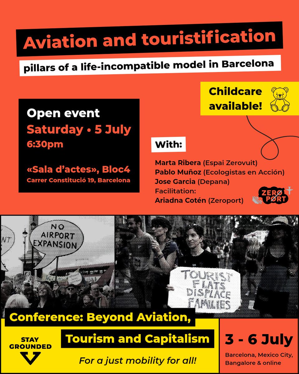 StayGroundedNet's tweet image. Join the open event about aviation & touristification on Saturday, during our conference Beyond Aviation, Tourism & Capitalism ✈️🏖️🚫
📍 Barcelona & online
🧸 Bring your kids–we'll have childcare
👉🏽 Full conference programme: stay-grounded.org/strategy-confe…
