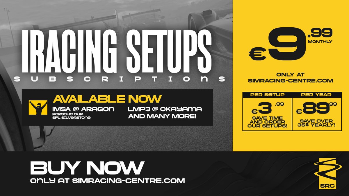 iRacing setups subscriptions are getting expanded to more tracks than ever BEFORE 👀

Experience excellence on iRacing with SRC! ⬇️
simracing-centre.com/iracing