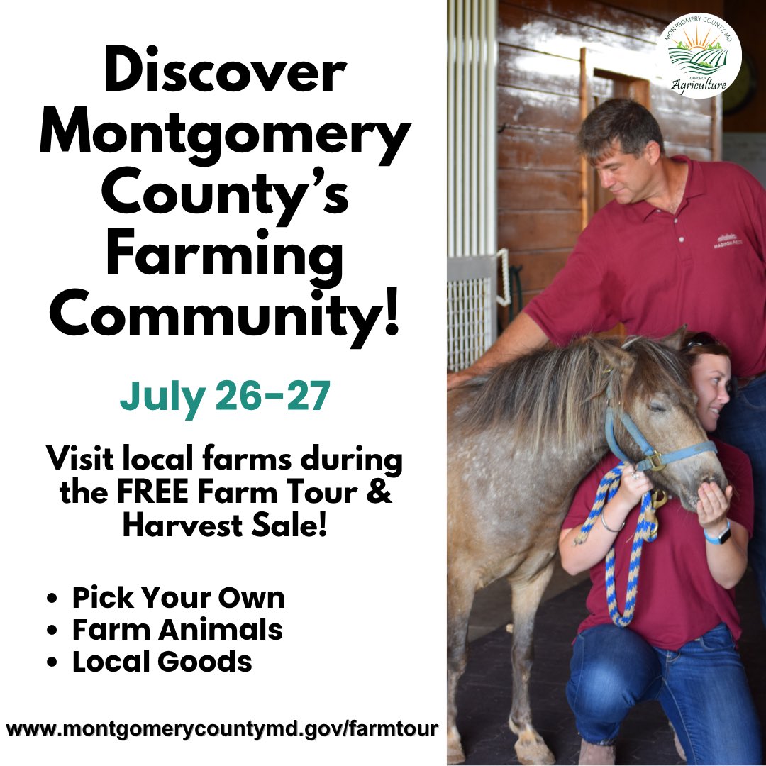 MoCoOAG's tweet image. Meet the farmers, experience the land, and celebrate local agriculture at the 2025 Montgomery County Farm Tour & Harvest Sale!
-July 26–27
-Free Event
-Pick Your Own
-Farm Animals
-Local Goods & More
#FarmTour2025 #MontgomeryCountyMD #MoCoMade #FamilyFun #PickYourOwn #LocalFarm