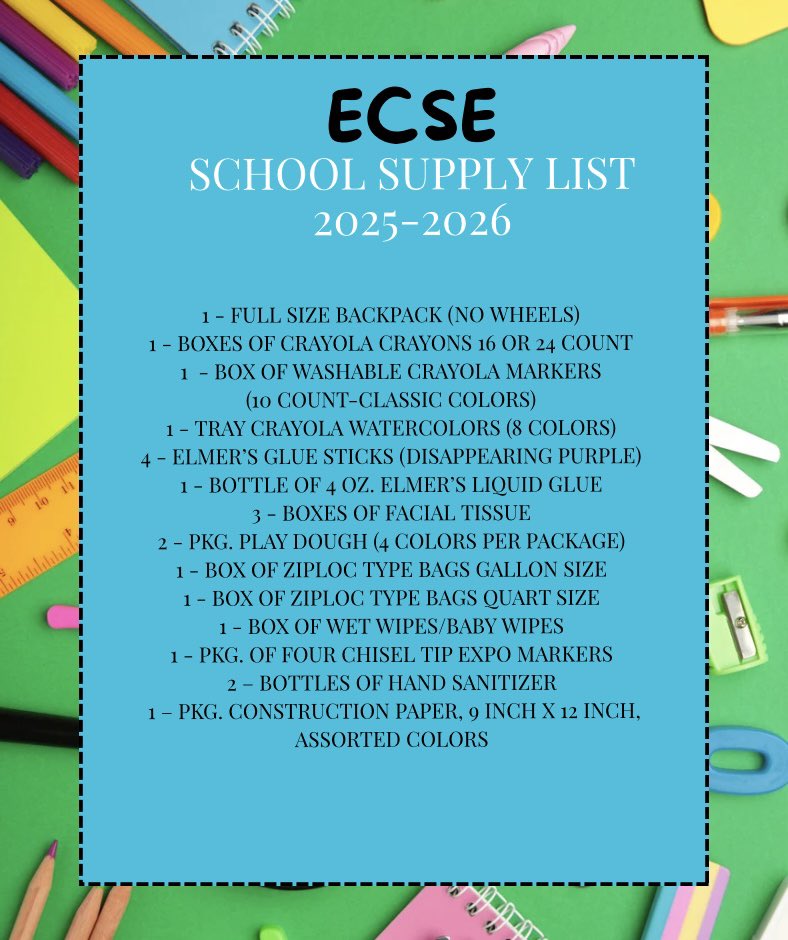 DPISD_ECC's tweet photo. ✂️🖍️✨We hope you and your family are soaking in summer! Save the School Supply List for your child’s programming as you shop this summer! Follow our DPISD &amp; ECC social media accounts and website for more back to school information in the coming weeks!✨🖍️✂️ https://t.co/1dyrXNYCUi
