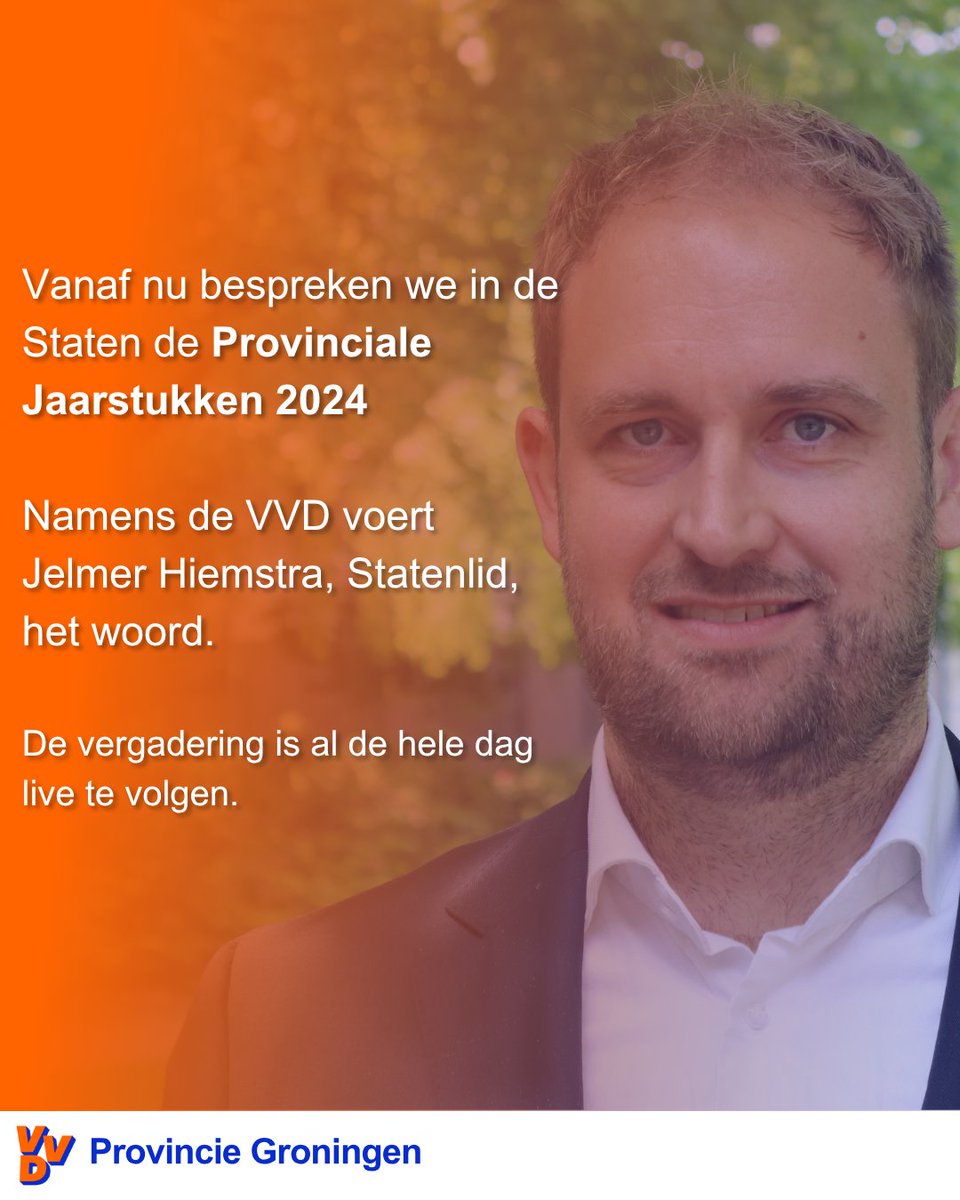 Vanaf nu bespreken we in de Staten de Provinciale Jaarstukken 2024

Namens de VVD voert Jelmer Hiemstra, Statenlid, het woord.

De vergadering is al de hele dag live te volgen: groningen.stateninformatie.nl/live