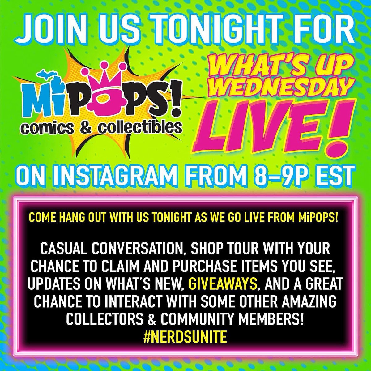 JOIN US TONIGHT. For What’s Up Wednesday: LIVE at MiPOPS! from 8-9pm…ish EST on INSTAGRAM

THE PRIZE WHEEL IS BACK!!

PLEASE SEE OUR (this) POST ON INSTAGRAM (07/02/25) FOR DETAILS ON HOW TO ENTER, WATCH, and WIN!

#NerdsUnite at #MiPOPS #Funko #FunkoPops