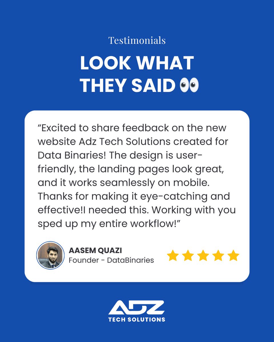 adztechsolution's tweet photo. Not paid to say this. Promise. 😂

Client feedback that makes all the late nights worth it 🔥.
We designed Data Binaries new site — and here’s what Aasem Khazi had to say. https://t.co/SD7CWTHiZa