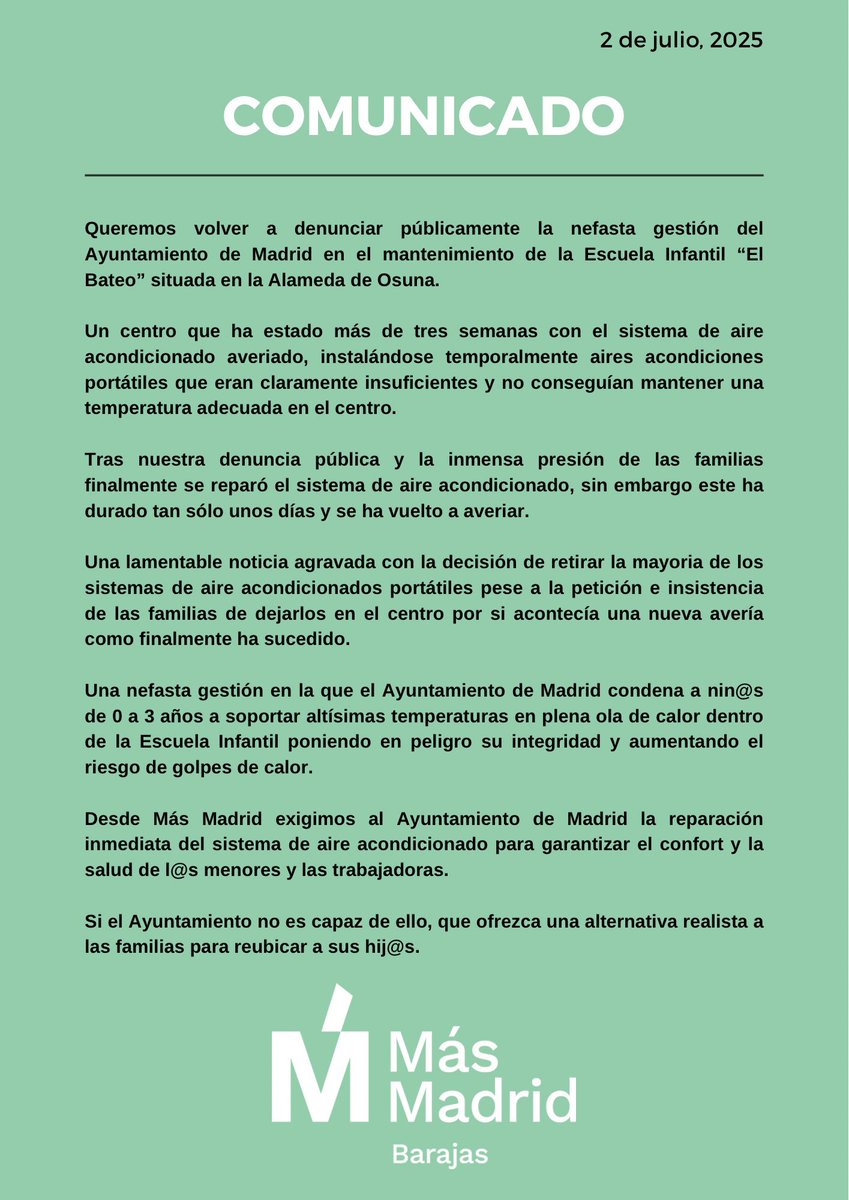 Desde <a href="/MasMadrid__/">Más Madrid</a> denunciamos la nefasta gestión del Ayto en el mantenimiento de la Escuela Infantil “El Bateo” de la Alameda de Osuna.

Exigimos la reparación inmediata del AA CC y si no es capaz, que ofrezca una alternativa a las familias para reubicar a sus hij@s.