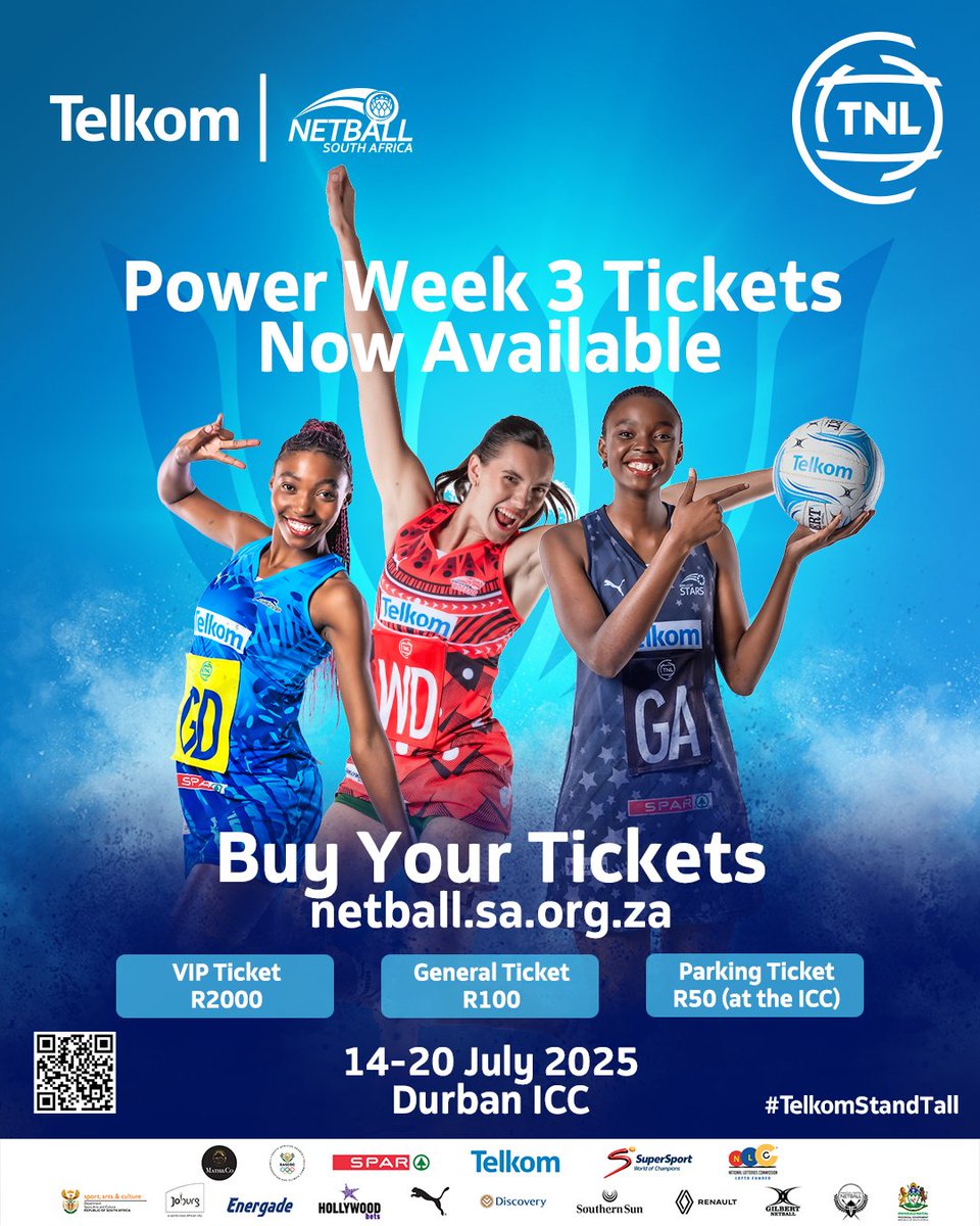 🎟️ Ready for the Action at 𝐏𝐨𝐰𝐞𝐫 𝐖𝐞𝐞𝐤 𝟑? 

Visit 👉 netball-sa.org.za to get your tickets to the Durban showdown at the ICC, 14-20 July 2025!🔥

Don’t miss out – secure your seat &amp; be part of the netball excitement!💥

#TelkomStandTall #TNL2025 #TelkomNL <a href="/TelkomZA/">@TelkomZA</a>