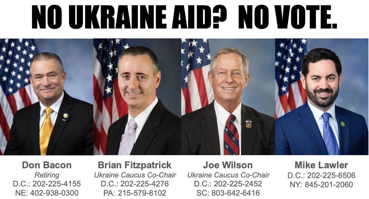 Republicans for Ukraine (@gop4ukraine) on Twitter photo Republicans for Ukraine need to take action β Ukraine can't wait.
<a href="/RepDonBacon/">Rep. Don Bacon πΊπΈβοΈποΈβοΈποΈ</a>, <a href="/RepBrianFitz/">Rep. Brian Fitzpatrick πΊπΈ</a>, <a href="/RepJoeWilson/">Joe Wilson</a>, and <a href="/RepMikeLawler/">Congressman Mike Lawler</a> have the power to help Ukraine: just don't vote for the Big Beautiful Bill unless it provides aid to Ukraine.
No Ukraine aid? No vote. Republicans for Ukraine need to take action β Ukraine can't wait.
<a href="/RepDonBacon/">Rep. Don Bacon πΊπΈβοΈποΈβοΈποΈ</a>, <a href="/RepBrianFitz/">Rep. Brian Fitzpatrick πΊπΈ</a>, <a href="/RepJoeWilson/">Joe Wilson</a>, and <a href="/RepMikeLawler/">Congressman Mike Lawler</a> have the power to help Ukraine: just don't vote for the Big Beautiful Bill unless it provides aid to Ukraine.
No Ukraine aid? No vote.