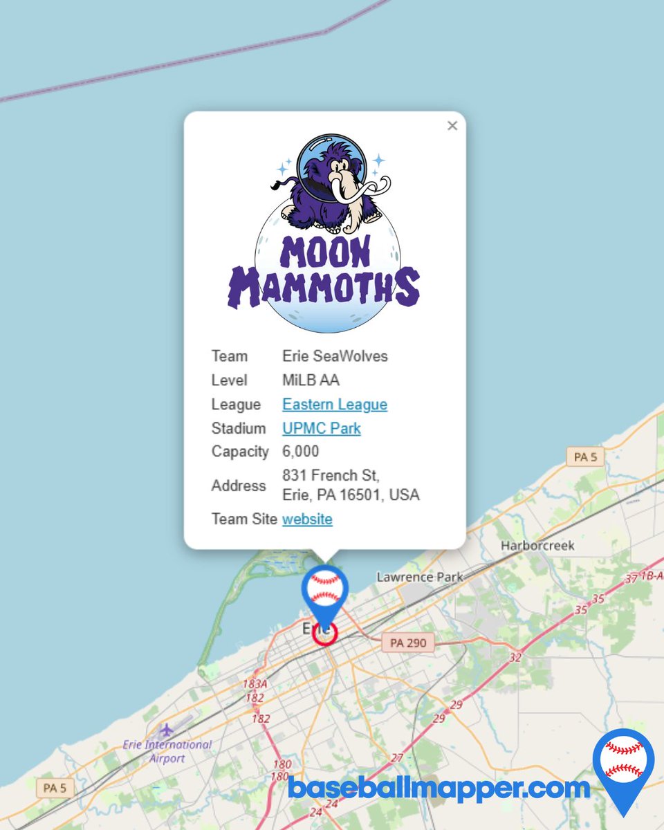 baseballmapper's tweet image. So it was weighing on me. The map makes it easy to find, but I hadn't planned on a trip to PA for baseball this year. But to hell with it. On July 19, we'll be there to see the @erie_seawolves Mammoths' debut. And who knows, maybe @iamjohnoliver will fire the t-shirt launcher…
