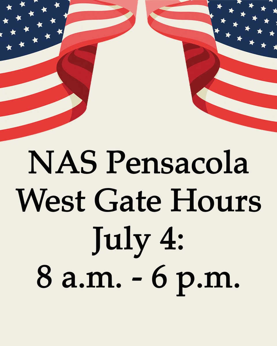The NAS Pensacola West Gate, at the south end of Blue Angel Parkway, will be open July 4 from 8 a.m. - 6 p.m. to DoD ID card holders. Non-DoD ID card holders visiting areas of public interest onboard the installation may access the West Gate from 9 a.m. - 3 p.m.

#CNRSE #NASP
