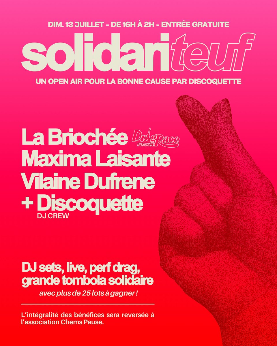 Le 13 juillet on organise un open air festif et solidaire avec Discoquette. Plein de belles choses au programme dont un live de La Briochée et une tombola géante ! Viens 🩷❤️ shotgun.live/events/solidar…