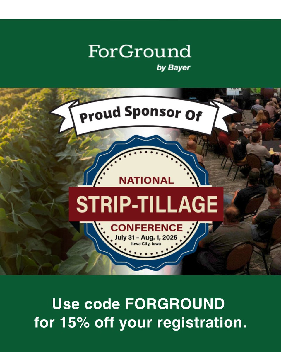 ForGround by Bayer (@forground_bayer) on Twitter photo We're proud to be a Title Sponsor for the 12th Annual National Strip-Tillage Conference, alongside our friends at <a href="/StripTillFarmr/">Strip-Till Farmer</a>.
🎟 Register now: bit.ly/3Z9yVyD
💸 Use code FORGROUND to save 15% off your registration
#ForGround #StripTillConference We're proud to be a Title Sponsor for the 12th Annual National Strip-Tillage Conference, alongside our friends at <a href="/StripTillFarmr/">Strip-Till Farmer</a>.
🎟 Register now: bit.ly/3Z9yVyD
💸 Use code FORGROUND to save 15% off your registration
#ForGround #StripTillConference