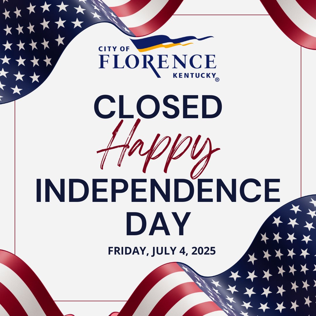 📅 Reminder: Holiday Closure This Friday 🇺🇸
Just a heads-up! The Florence Government Center will be closed this Friday, July 4 in observance of Independence Day.

Plan ahead and have a safe and festive celebration! 🎆🎇🇺🇸