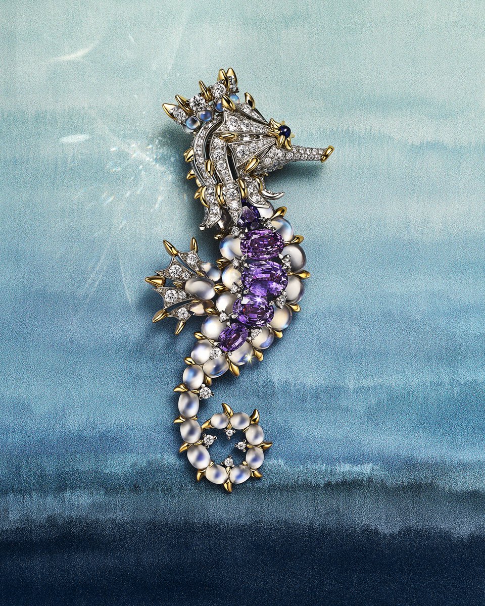 This Blue Book 2025: Sea of Wonder Seahorse brooch glistens with an ethereal palette of five unenhanced purple sapphires of over 9 total carats, 33 moonstones of over 16 total carats, diamonds of over 4 total carats and a blue sapphire accent. Learn more: tiffany.com/high-jewelry/b…