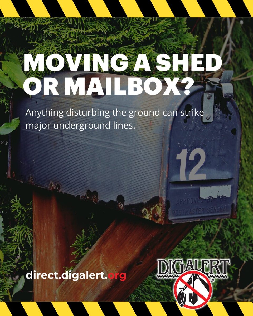 DigAlert's tweet image. 📦 Moving a Shed or Mailbox?
Anything disturbing the ground can strike major underground lines. 
Don’t risk it—submit your DigAlert® ticket first.
🔗 direct.digalert.org
#SafeInstallations #EveryDigCounts #DigSmart