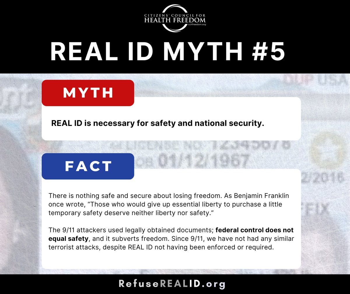 CCHFreedom's tweet photo. Every Wednesday we’re busting a REAL ID myth that keeps Americans complacent—and you in a federal database. Follow along, share the facts, and help us stop REAL ID. #MythbusterWednesday #StopREALID

For more information visit https://t.co/Fz5GJ4NI3C https://t.co/u2P99UbZSo