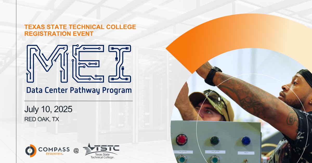 Compass Datacenters (@compassdcs) on Twitter photo Hey #NorthTexas! 🌟
Ready for a high-paying tech career without a 4yr degree? Join <a href="/TSTCproud/">Texas State Technical College</a>'s MEI Data Center Program Recruiting Event July 10! Get hands-on training for in-demand roles.
🎓 Full scholarships available! Learn more: bit.ly/469xpko
Tag a friend! 👇 Hey #NorthTexas! 🌟
Ready for a high-paying tech career without a 4yr degree? Join <a href="/TSTCproud/">Texas State Technical College</a>'s MEI Data Center Program Recruiting Event July 10! Get hands-on training for in-demand roles.
🎓 Full scholarships available! Learn more: bit.ly/469xpko
Tag a friend! 👇