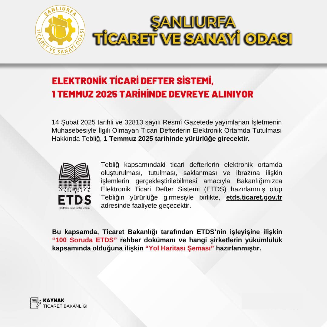📢 Önemli Duyuru
Ticaret Bakanlığı tarafından hazırlanan düzenleme kapsamında;
1 Temmuz 2025 tarihi itibarıyla, işletmenin muhasebesiyle doğrudan ilgili olmayan ticari defterlerin elektronik ortamda tutulması zorunlu hale gelmiştir.

🔹 Bu kapsamda, Elektronik Ticari Defter
