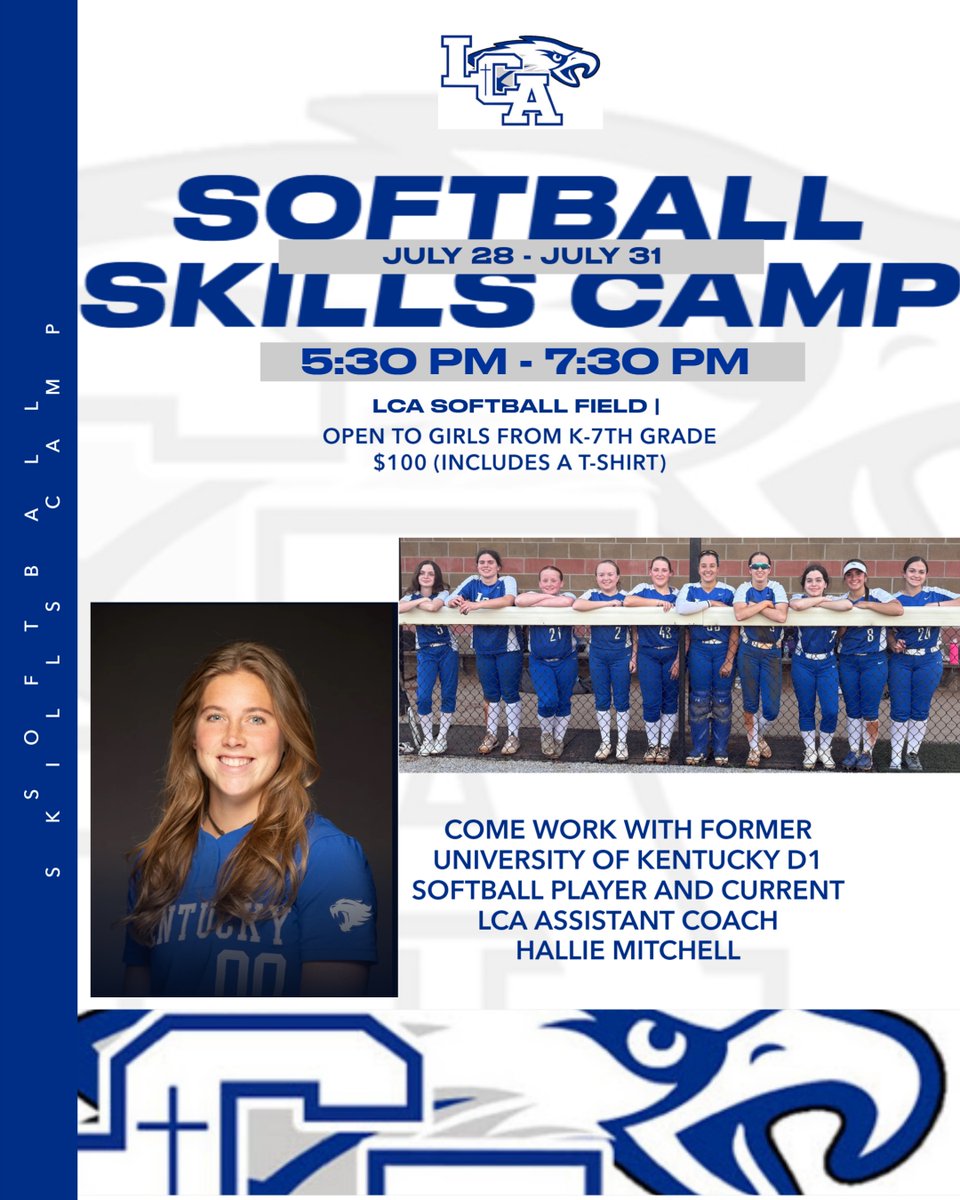 Join <a href="/LCAEagles_SB/">LCA Softball</a> for a great opportunity to train with former University of Kentucky D1 player and current LCA Assistant Coach Hallie Mitchell!

Camp is open to players (K-7th grades) who want to sharpen their skills, grow in confidence, and have fun on the field! 🥎

#WeAreLCA