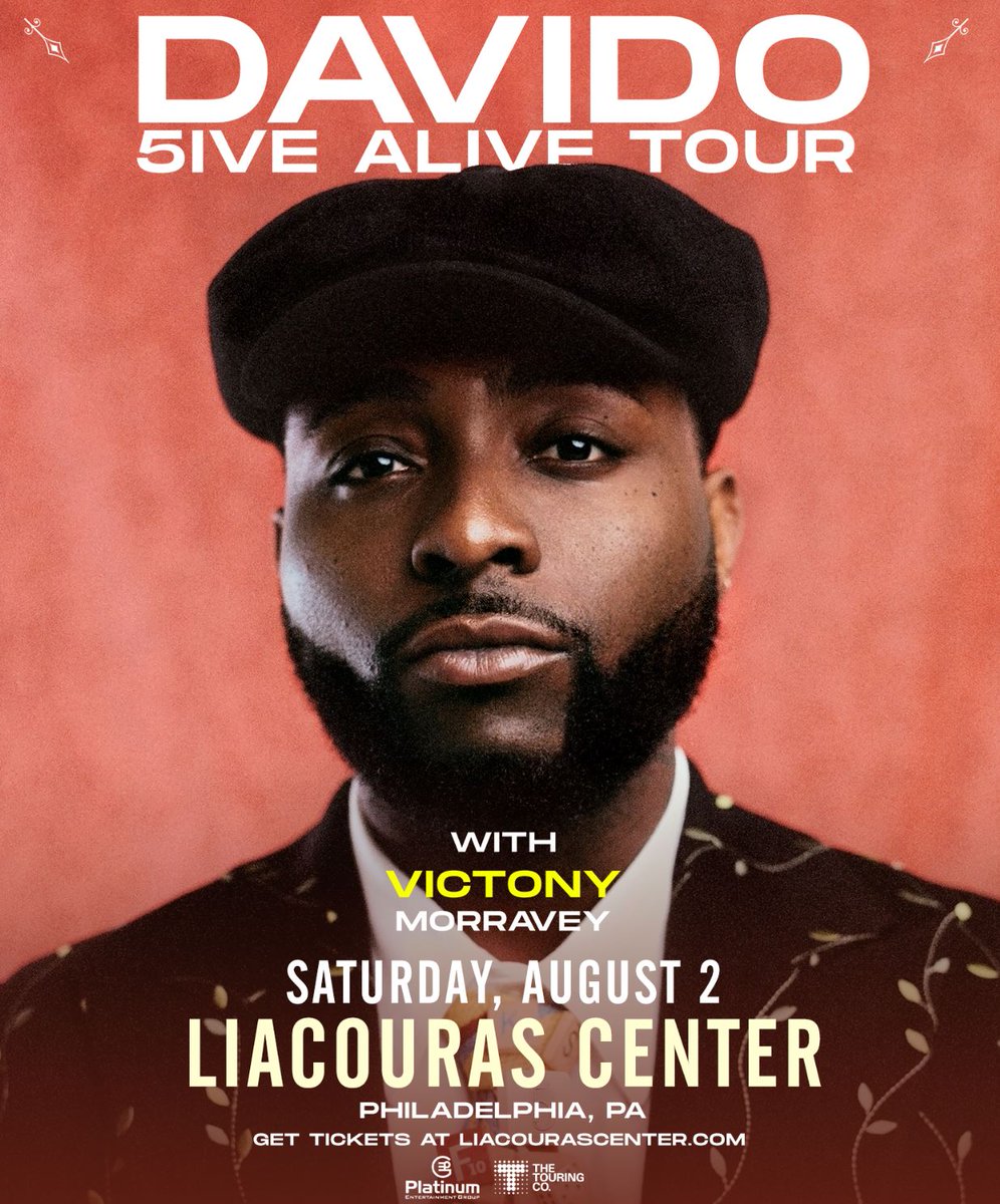 DAVIDO's 5IVE ALIVE TOUR is on its way, with special guests Victony and Morravey! See you August 2nd 🌎