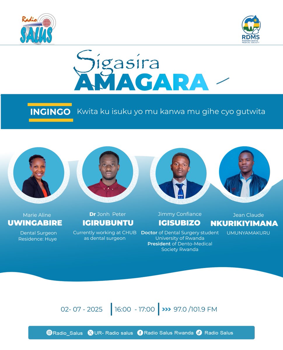 UR- RADIO SALUS (@radiosalus1) on Twitter photo Ikaze mu kiganiro SIGASIRA AMAGARA kuva 16:00. Turaganira ku isuku yo mu kanwa.
<a href="/RwandaHealth/">Ministry of Health | Rwanda</a> <a href="/RBCRwanda/">Rwanda Biomedical Centre</a>
#SigasiraAmagara Ikaze mu kiganiro SIGASIRA AMAGARA kuva 16:00. Turaganira ku isuku yo mu kanwa.
<a href="/RwandaHealth/">Ministry of Health | Rwanda</a> <a href="/RBCRwanda/">Rwanda Biomedical Centre</a>
#SigasiraAmagara