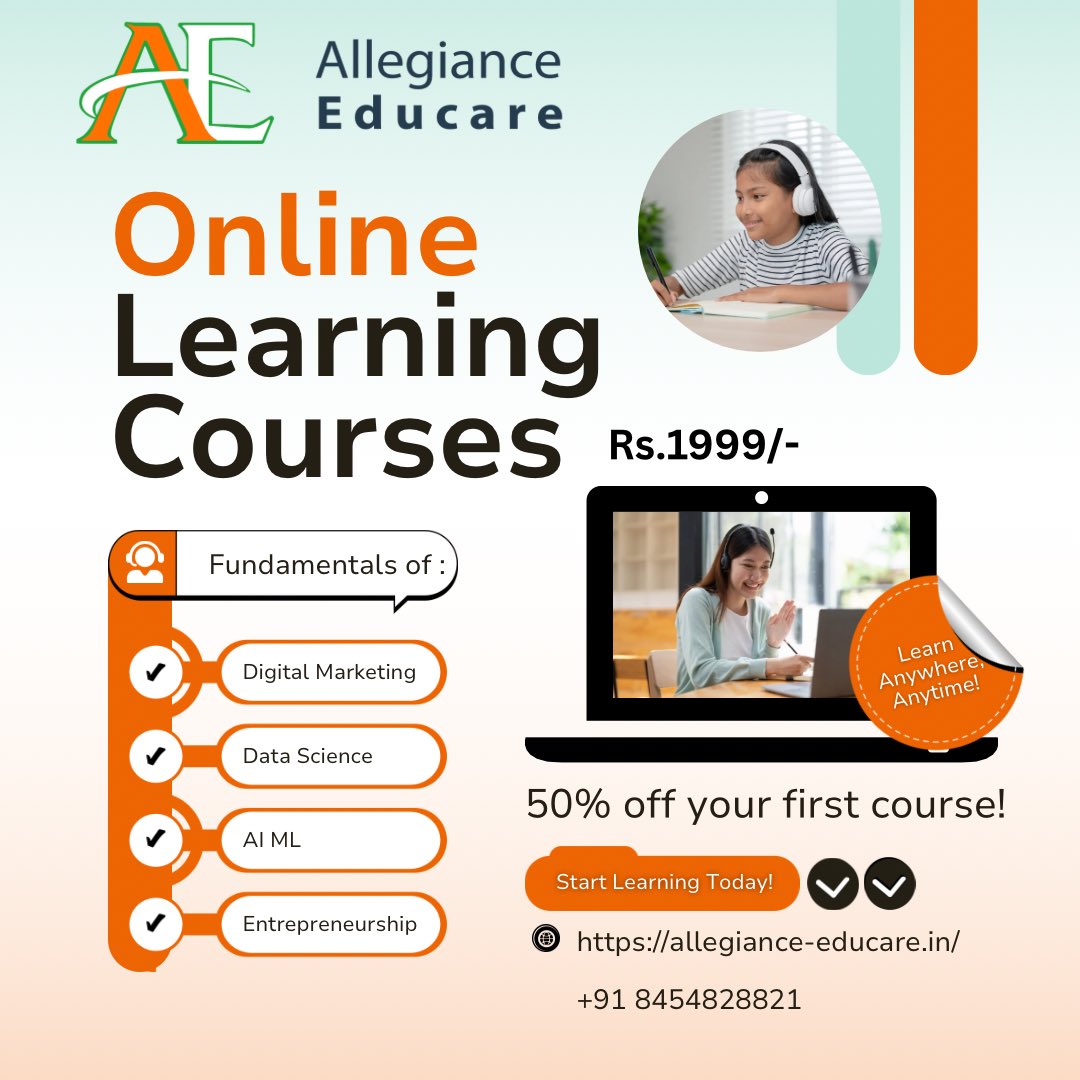 allegianceedu's tweet image. 🎓 Launch Offer: Premium Online Courses at Just ₹1999! 🚀

Upgrade your skills and future with our expert-led courses in:

✅ AI &amp;amp; Machine Learning
✅ Data Science
✅ Digital Marketing
✅ Entrepreneurship

#OnlineLearning #LearnFromHome #UpskillToday #SkillUp #CareerGrowth