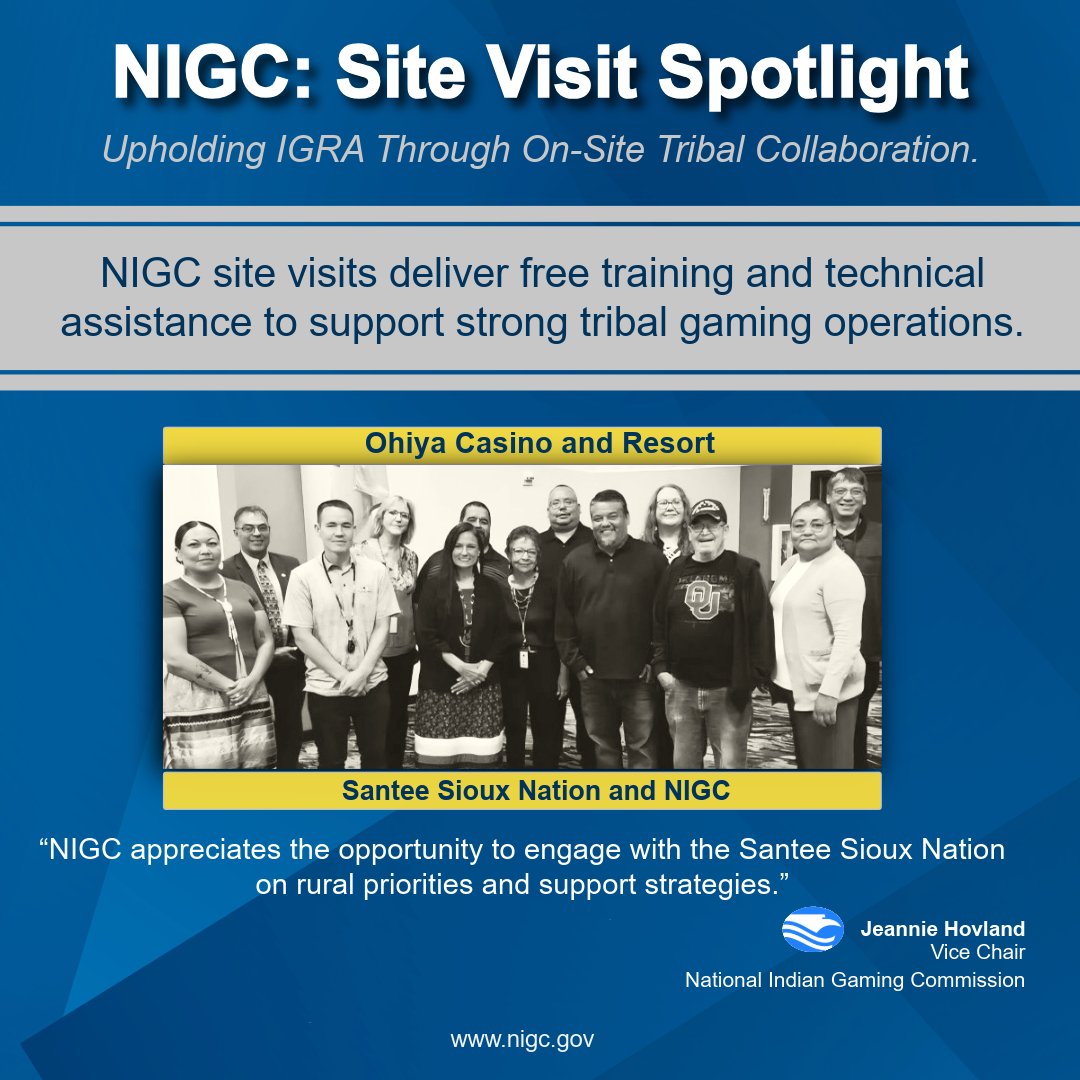 National Indian Gaming Commission (@nigcgov) on Twitter photo NIGC delivers on-site training and technical assistance tailored to tribal gaming operations.
Santee Sioux Nation visit helped identify training to support rural strategies.
Training Request: forms.office.com/g/LwU9Bb0DdX NIGC delivers on-site training and technical assistance tailored to tribal gaming operations.
Santee Sioux Nation visit helped identify training to support rural strategies.
Training Request: forms.office.com/g/LwU9Bb0DdX