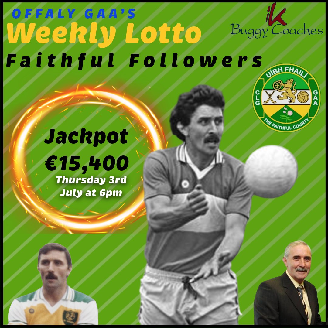 𝙁𝙖𝙞𝙩𝙝𝙛𝙪𝙡 𝙁𝙤𝙡𝙡𝙤𝙬𝙚𝙧𝙨 𝙇𝙤𝙩𝙩𝙤 

Jackpot: €1⃣5⃣,4⃣0⃣0⃣
Match 3, win or share: €2⃣0⃣0⃣

The 2 lucky Dip Winners will receive a pair of tickets each for any of the 5 football league finals on this weekend.

Our next draw is live this Thursday, evening, 3rd July at