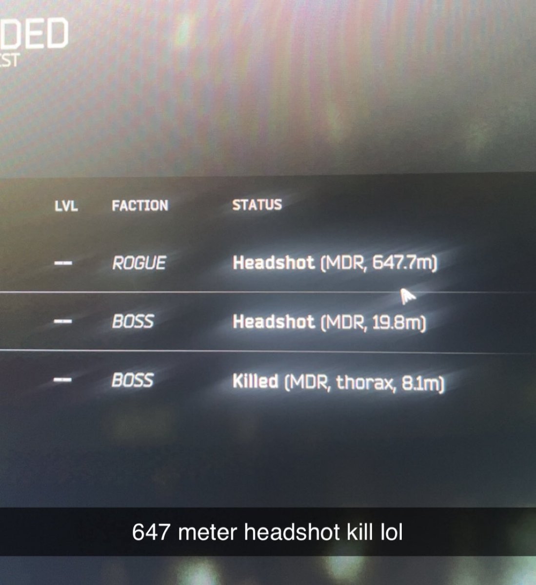 kooolaidmann's tweet photo. Hit my longest kill shot in Tarkov. Hit it on Lighthouse. Then killed 2 bosses and got sniped in the back of the head. lol 

#EscapefromTarkov #EFT #Tarkov #headshot #Lighthouse https://t.co/JpPL2FmZIV