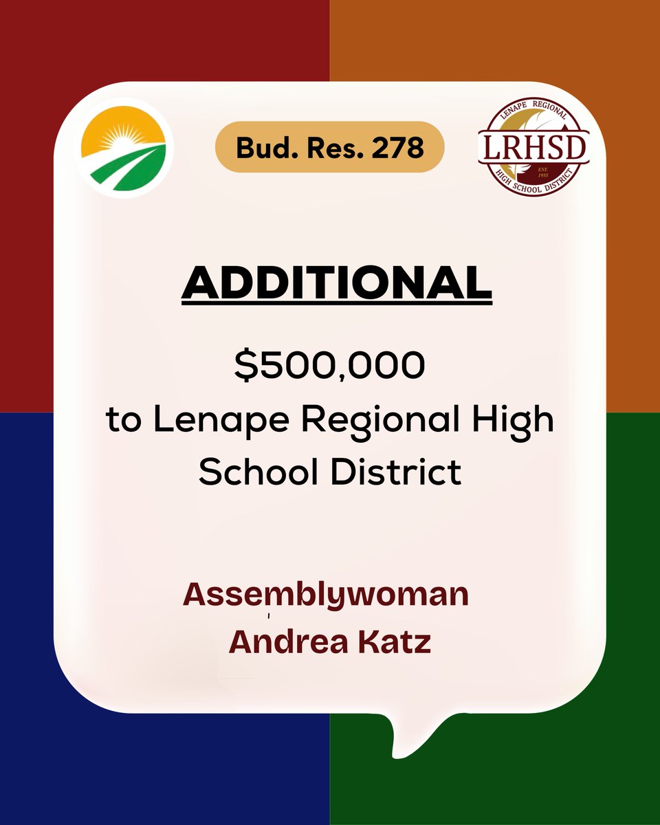 AswAndreaKatz's tweet image. Along with an additional $500,000 for Evesham School District, I'm proud to announce that I was able to have an additional $500,000 in this year's budget for Lenape Regional High School.