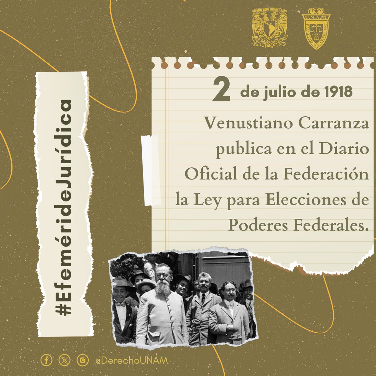 #EfemérideJurídica
#UnDíaComoHoy ⏳2 de julio de 1918, Venustiano Carranza publica en el Diario Oficial de la Federación la Ley para Elecciones de Poderes Federales, que normaría la renovación del Poder Legislativo y Ejecutivo de la Nación bajo el nuevo régimen constitucional.